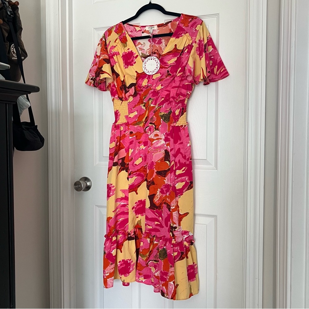 Umgee Pink & Yellow Floral Midi Dress | Flutter Sleeves | NWT | Size L